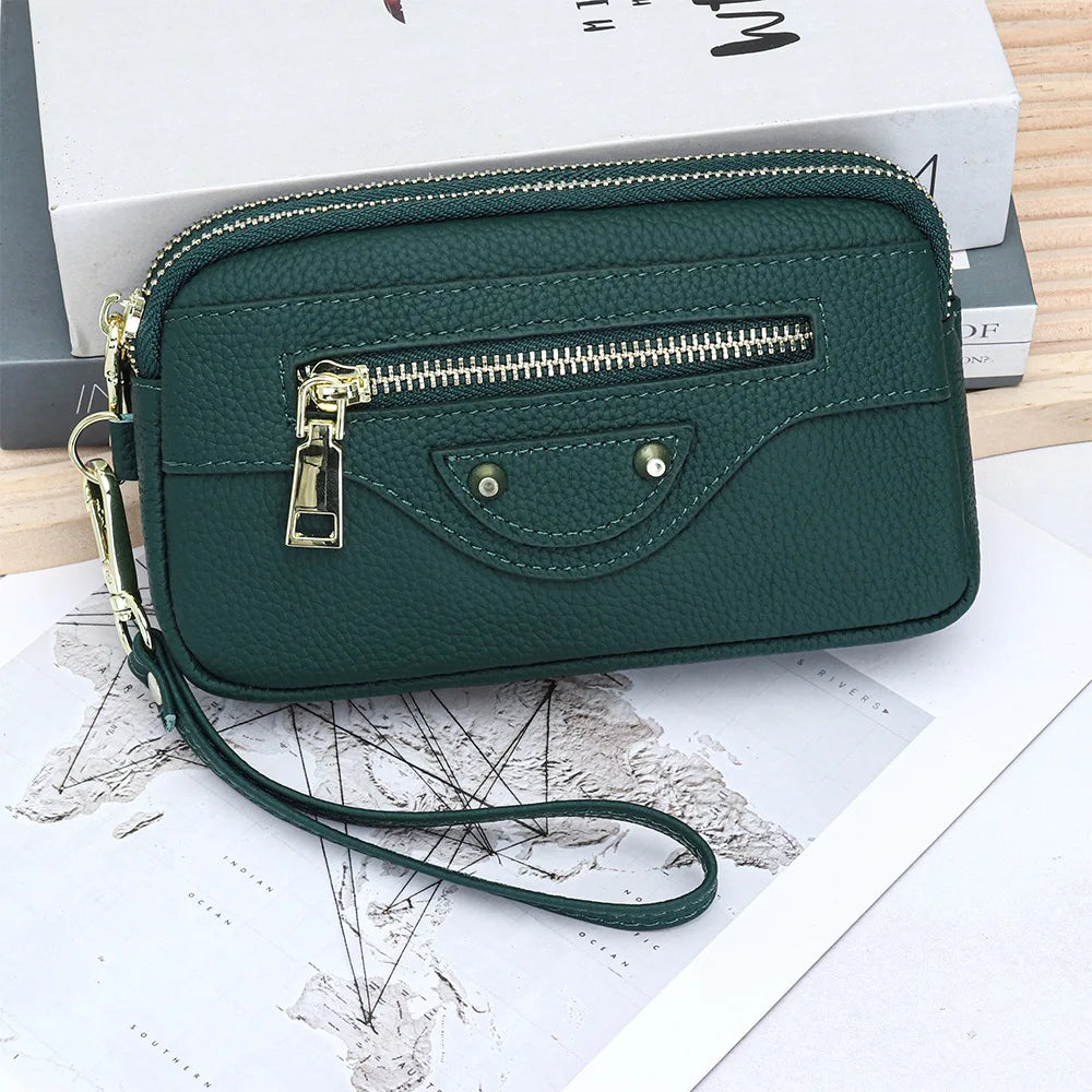 New 2025 Versatile Lady Wallet Women's Clutch Bag Brand Rivet Real Top Layer Cow Leather Zipper Coins Pocket KeyChain Big Purse