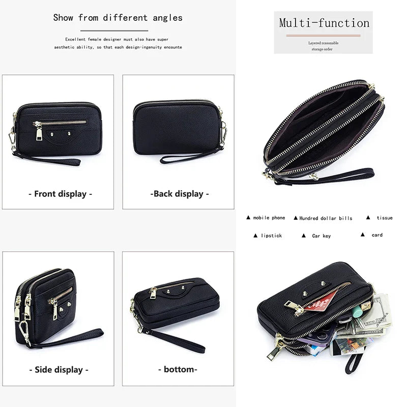 New 2025 Versatile Lady Wallet Women's Clutch Bag Brand Rivet Real Top Layer Cow Leather Zipper Coins Pocket KeyChain Big Purse