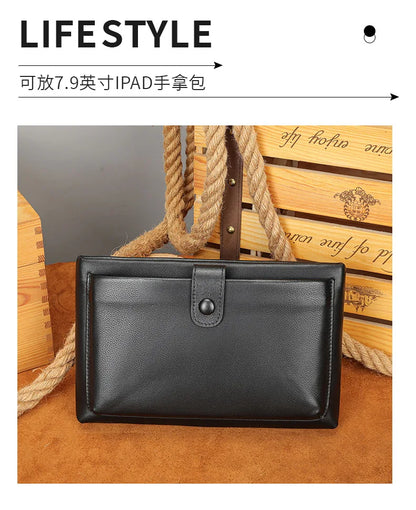 Fashion Real Cow Leather Men Women Clutch Bag Double Zipper Long Wallet Card Holder Purse Business 7.9 Inch Ipad Handy Bags