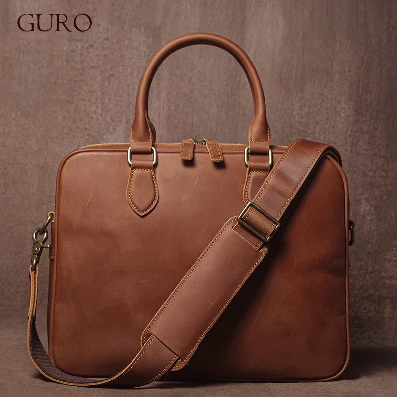 GURO Men Crazy Horse Cowhide Briefcase Luxury Genuine Leather Handbag Simple lightweight Shoulder Bag File Laptop Crossbody Bags