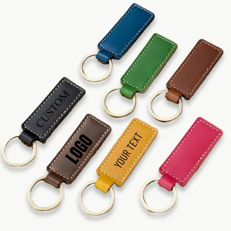 Custom LOGO Genuine Leather Cowhide Keychain Laser Engrave TEXT NAME Personalized Key Chain Vintage Key Tag for Women Men Gift