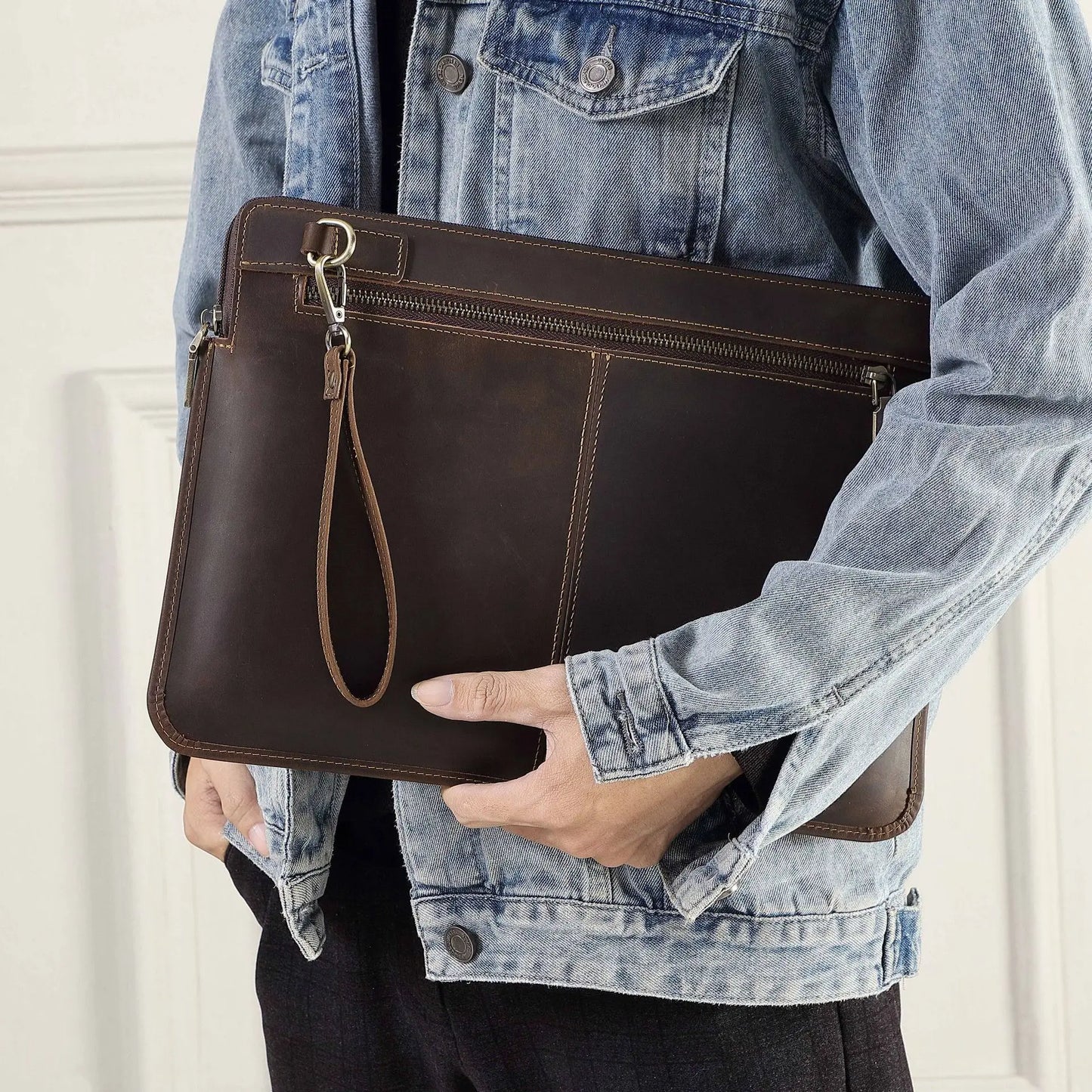 Genuine Leather MacBook Protective Case Apple Laptop Bag Leather Laptop Liner Sleeve Hand Clutches with Wrist Strap