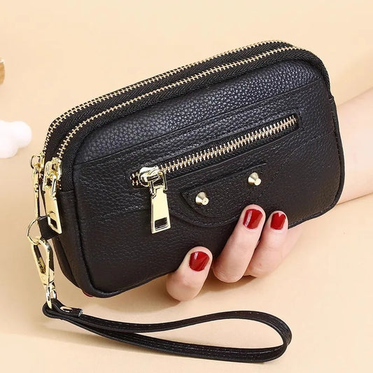 New 2025 Versatile Lady Wallet Women's Clutch Bag Brand Rivet Real Top Layer Cow Leather Zipper Coins Pocket KeyChain Big Purse