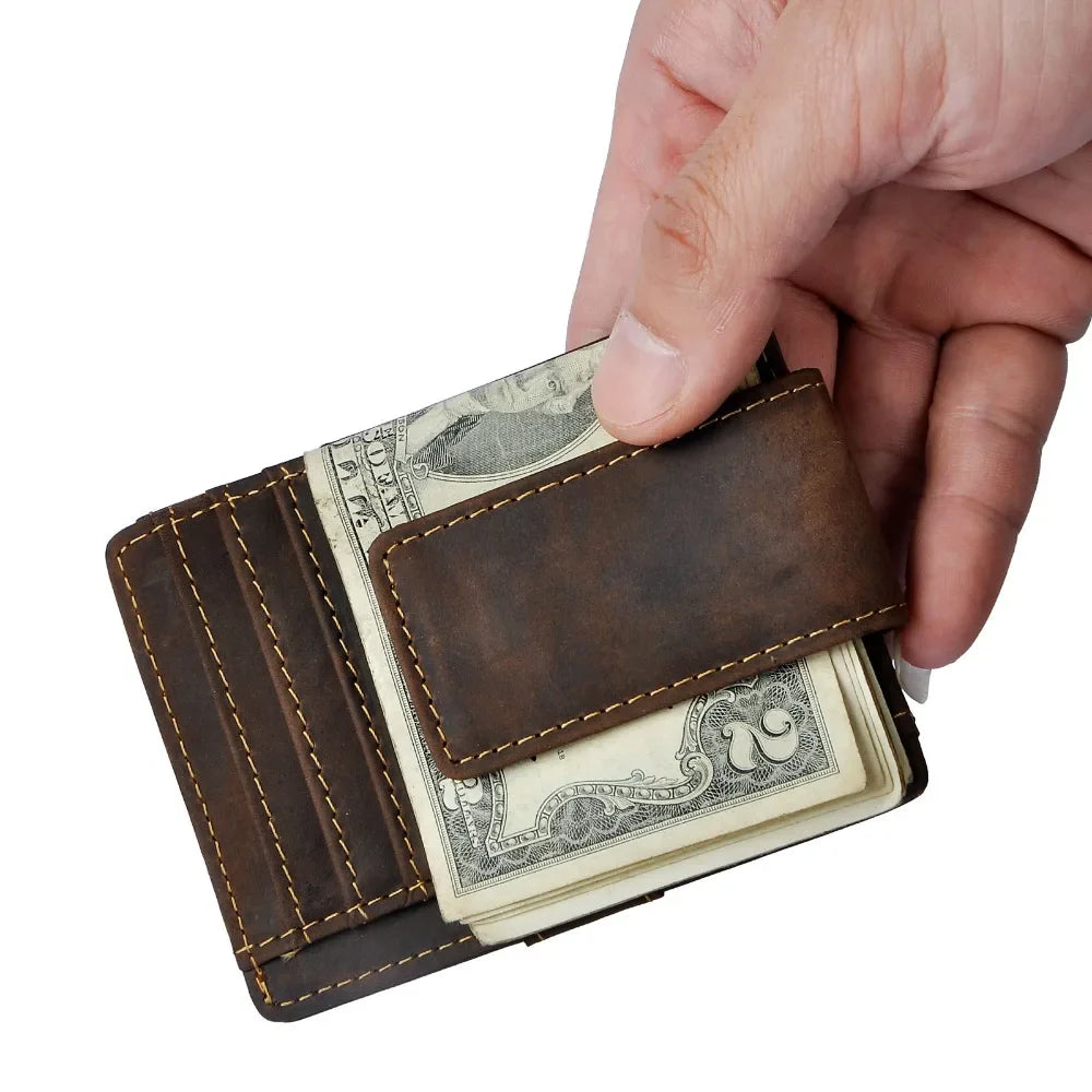 Male Original Leather Design Fashion Travel Slim Wallet Front Pocket Magnetic Large Capacity Money Clip Card Case For Men 1025
