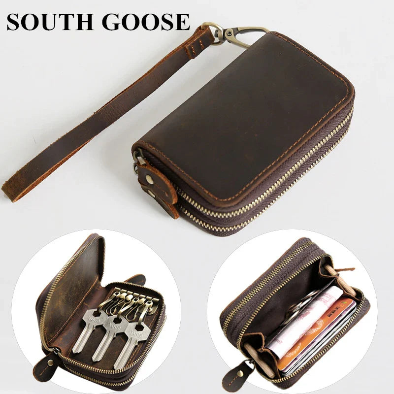 SOUTH GOOSE Genuine Leather Key Wallets Men Retro Car Key Case Cowhide Double Zipper Keys Organizer Coin Pouch Women Housekeeper