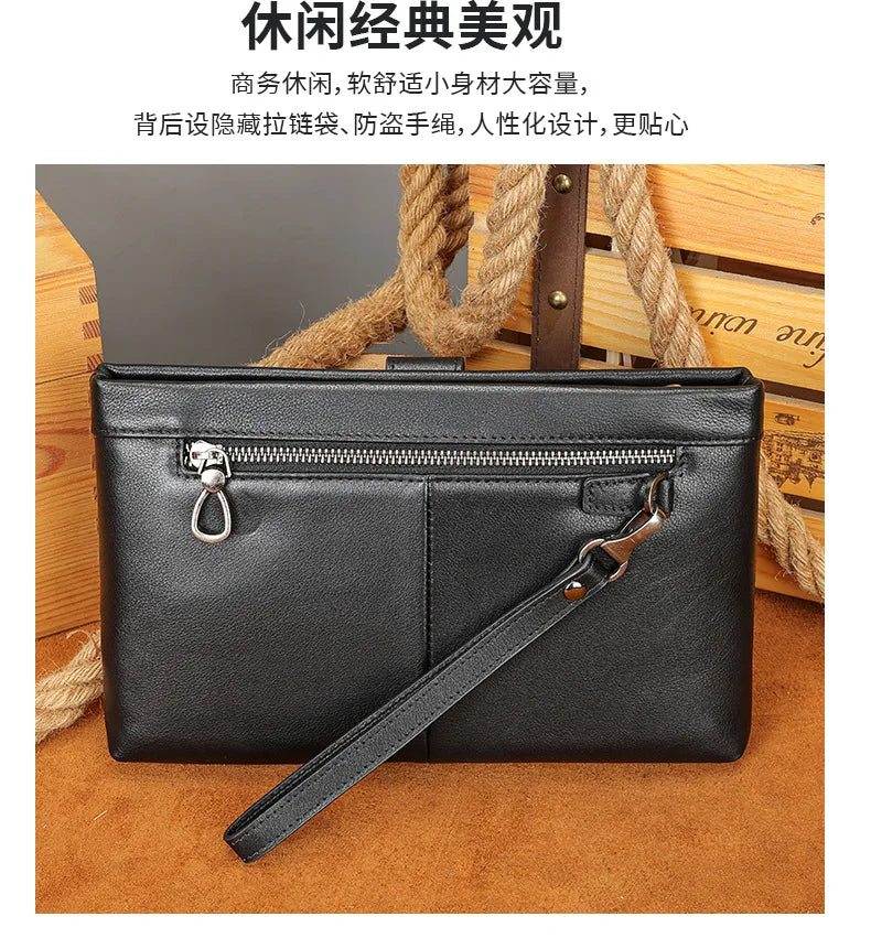 Fashion Real Cow Leather Men Women Clutch Bag Double Zipper Long Wallet Card Holder Purse Business 7.9 Inch Ipad Handy Bags