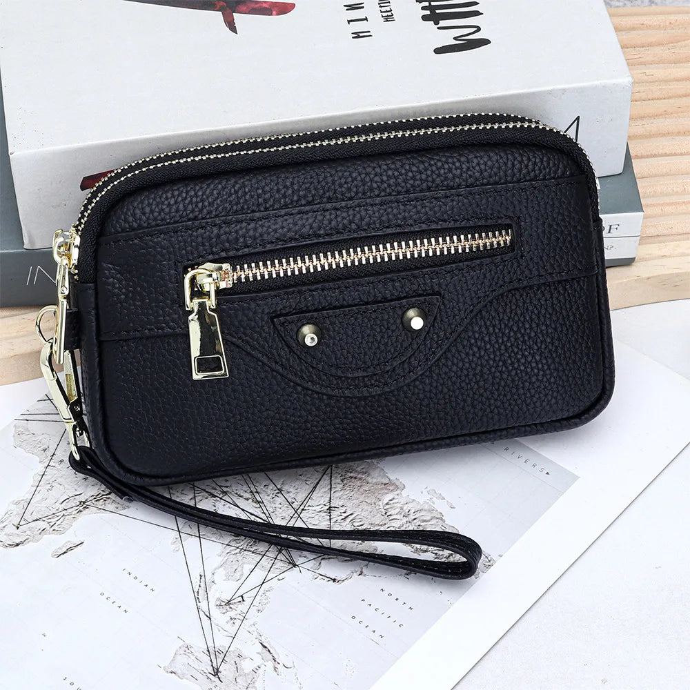 New 2025 Versatile Lady Wallet Women's Clutch Bag Brand Rivet Real Top Layer Cow Leather Zipper Coins Pocket KeyChain Big Purse
