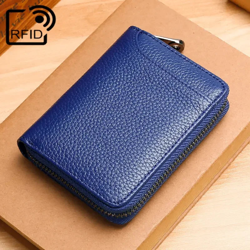 Wallet Genuine Leather Bank Credit Card Rfid Blocking Holder Men and Women Slim Change Coin Keys Cards Pouch Purse Zipper Bag