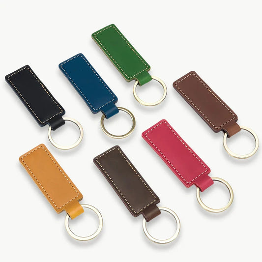 Custom LOGO Genuine Leather Cowhide Keychain Laser Engrave TEXT NAME Personalized Key Chain Vintage Key Tag for Women Men Gift